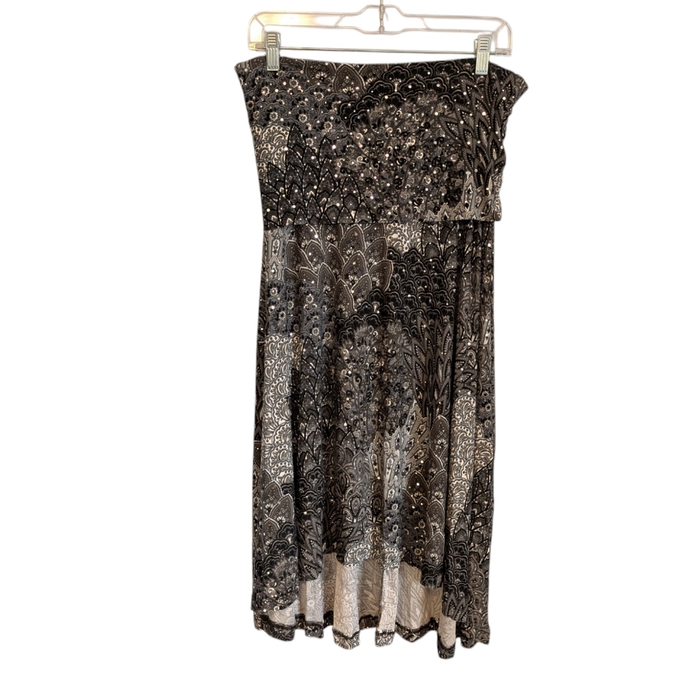 High-low sequin fold over skirt/strapless dress gray/black large NWT